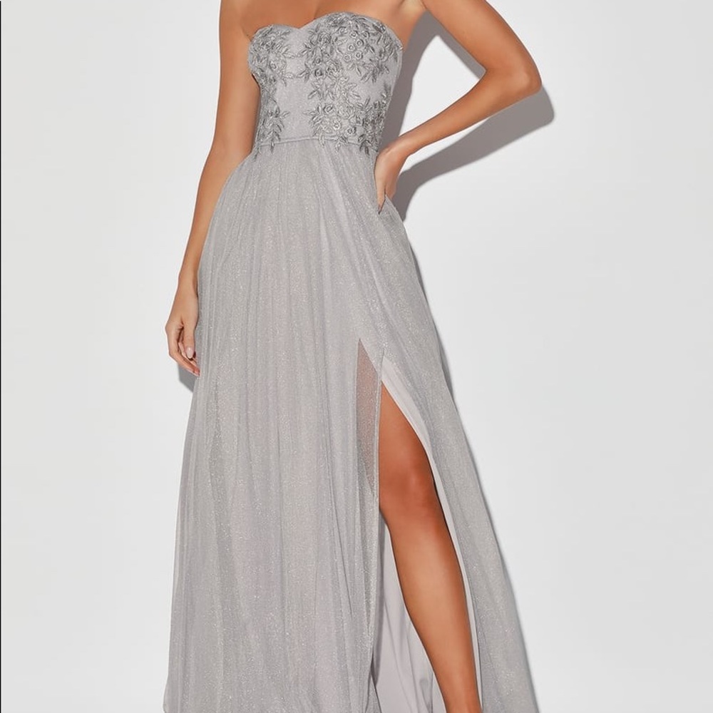 silver strapless formal dress